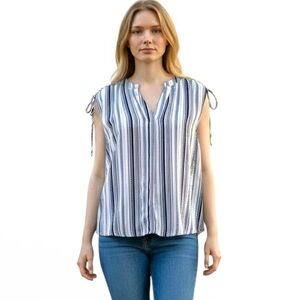 Worthington Petite Blue Stripe Tie Sleeve Blouse Size PL NWT